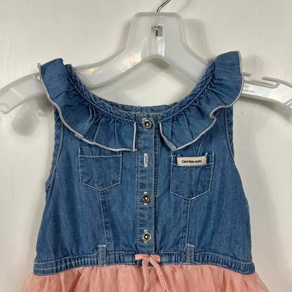 Calvin Klein Jeans Girls Denim & Pink Tulle Dress Ruffle Button Front Size 4T